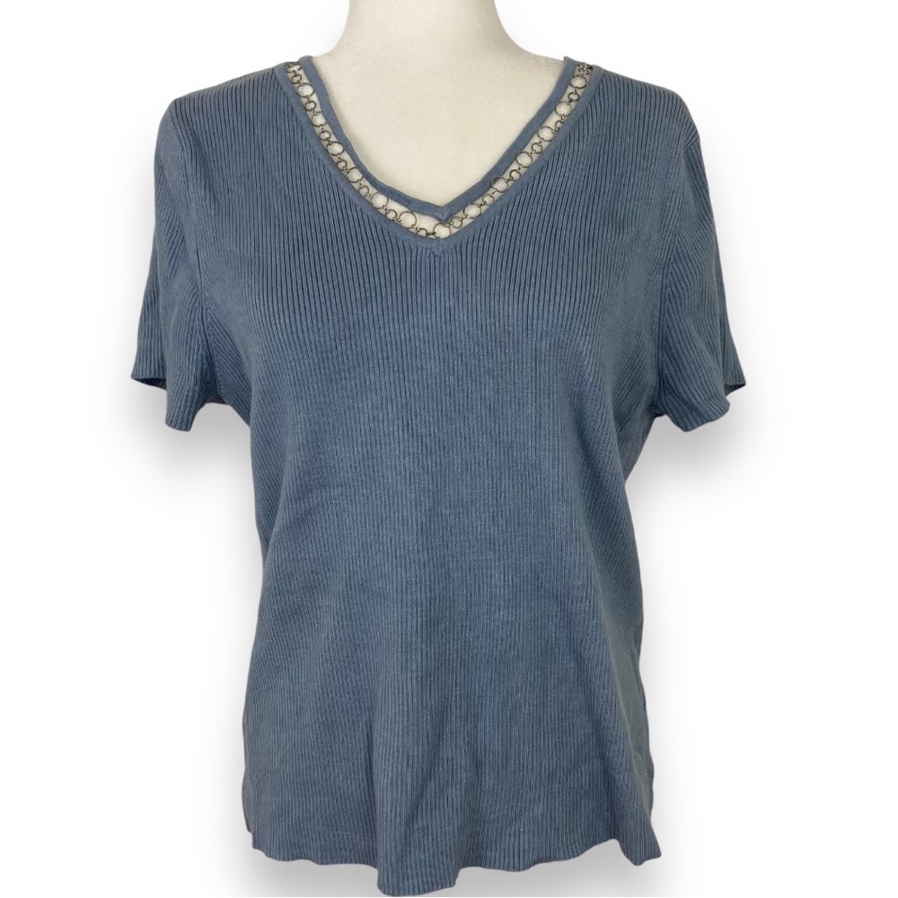 RQT Ribbed knitted short sleeve top chain inlay details Robin egg blue size XL